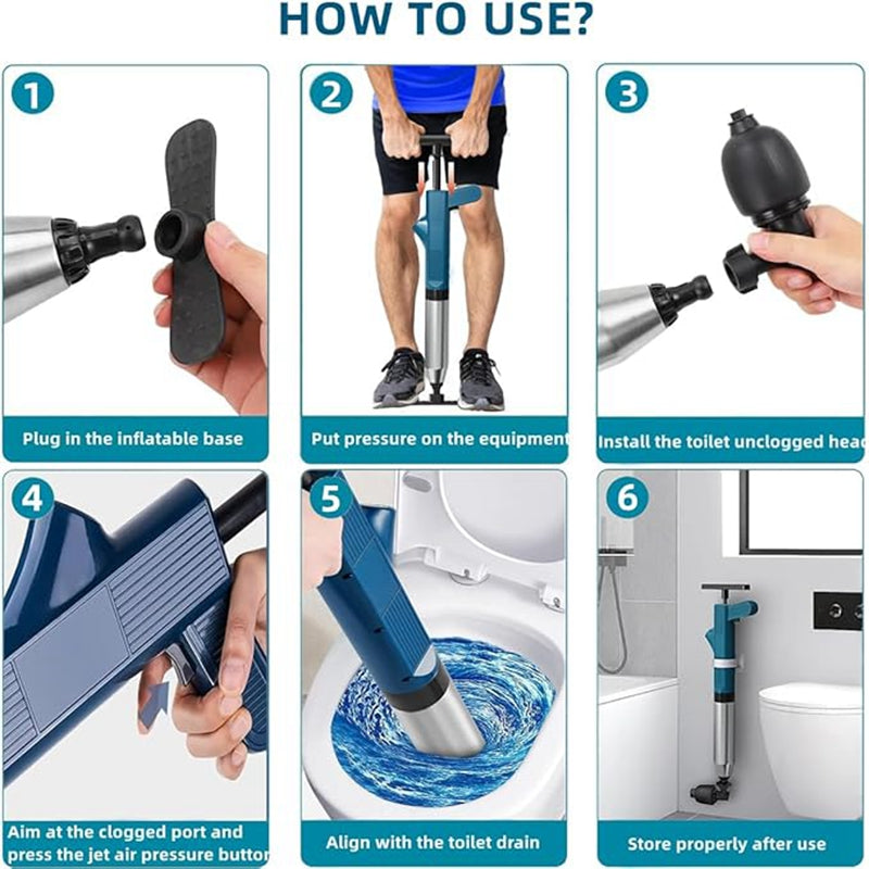 Powerful Toilet Plunger Stainless Steel Pipe Dredger Unblocker Pneumatic High-pressure Dredging Air Drain Blaster Tool Set